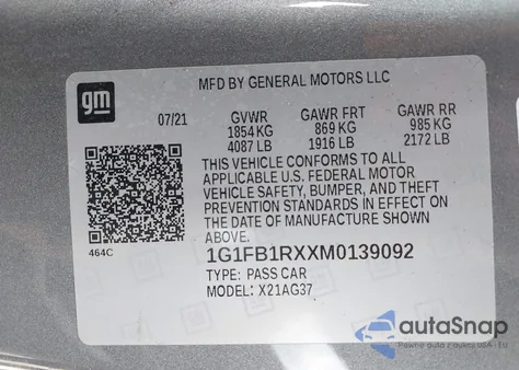 2021 Chevrolet Camaro Rwd 1Ls from USA, damaged, VIN 1G1FB1RXXM0139092